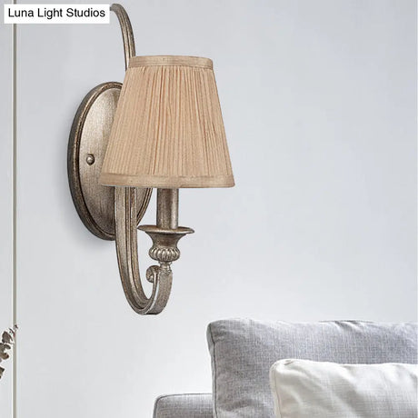 Traditional Tan Fabric Wall Sconce: 1-Head Pleated Shade Light For Living Room