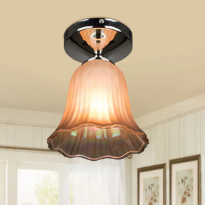 Traditional Tan Glass Flower Flushmount Foyer Lighting Fixture - 1 Bulb Flush Mount
