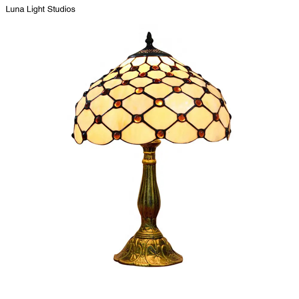 Traditional Tiffany Art Glass Desk Light - Domed Shade Study Room Reading Lamp In Beige
