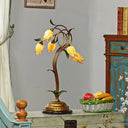 Traditional Tulip Shaped Glass Nightstand Lamp With 5 Lights - Beige & Brass Night Table Light