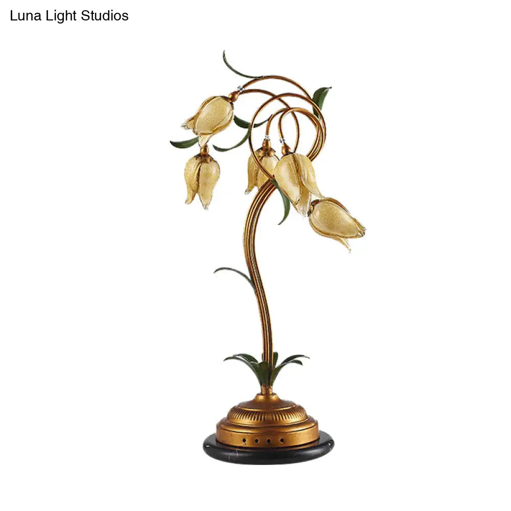 Traditional Tulip Shaped Glass Nightstand Lamp With 5 Lights - Beige & Brass Night Table Light
