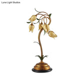 Traditional Tulip Shaped Glass Nightstand Lamp With 5 Lights - Beige & Brass Night Table Light