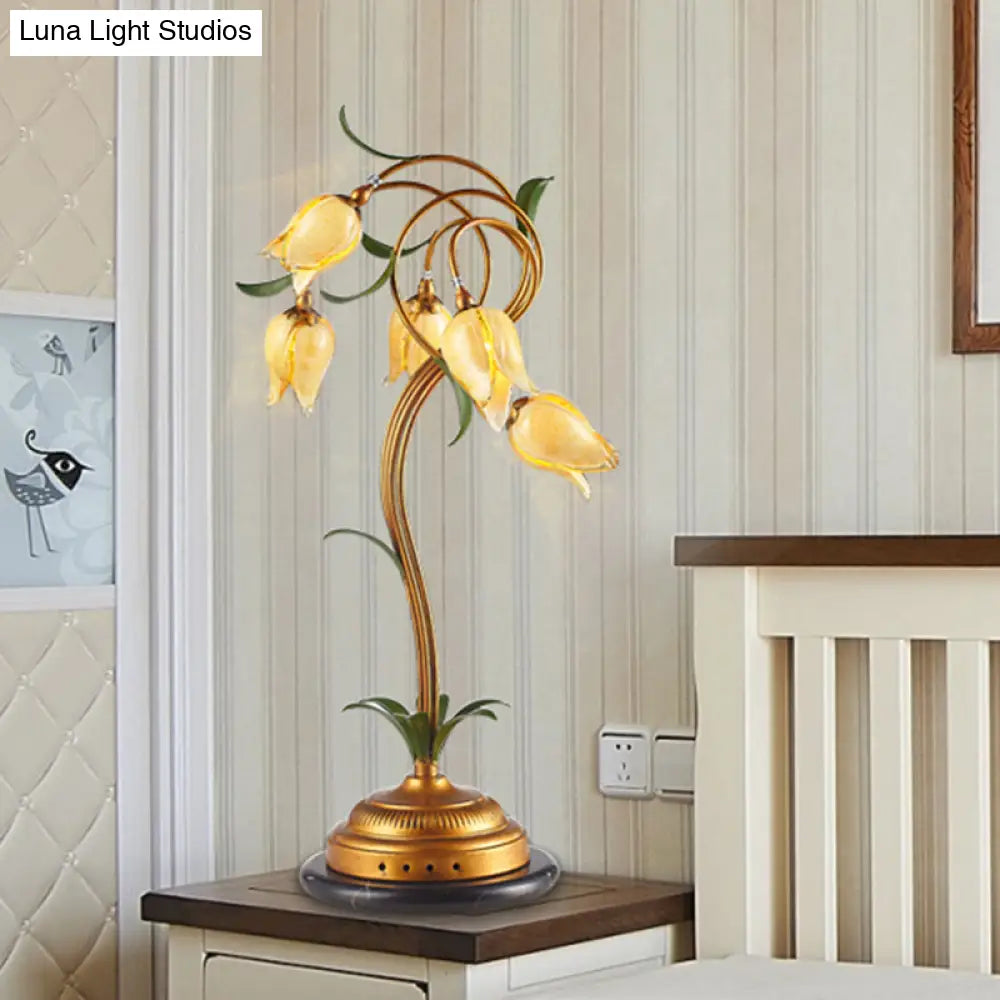 Traditional Tulip Shaped Glass Nightstand Lamp With 5 Lights - Beige & Brass Night Table Light