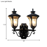 Traditional Urn-Shade Clear Dimple Glass Sconce Lamp - 2 Bulbs Wall Mount Light In Black