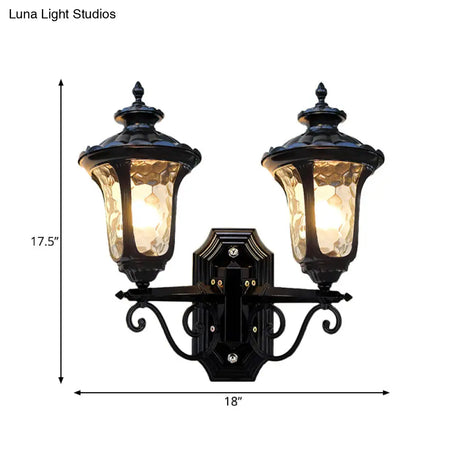 Traditional Urn-Shade Clear Dimple Glass Sconce Lamp - 2 Bulbs Wall Mount Light In Black