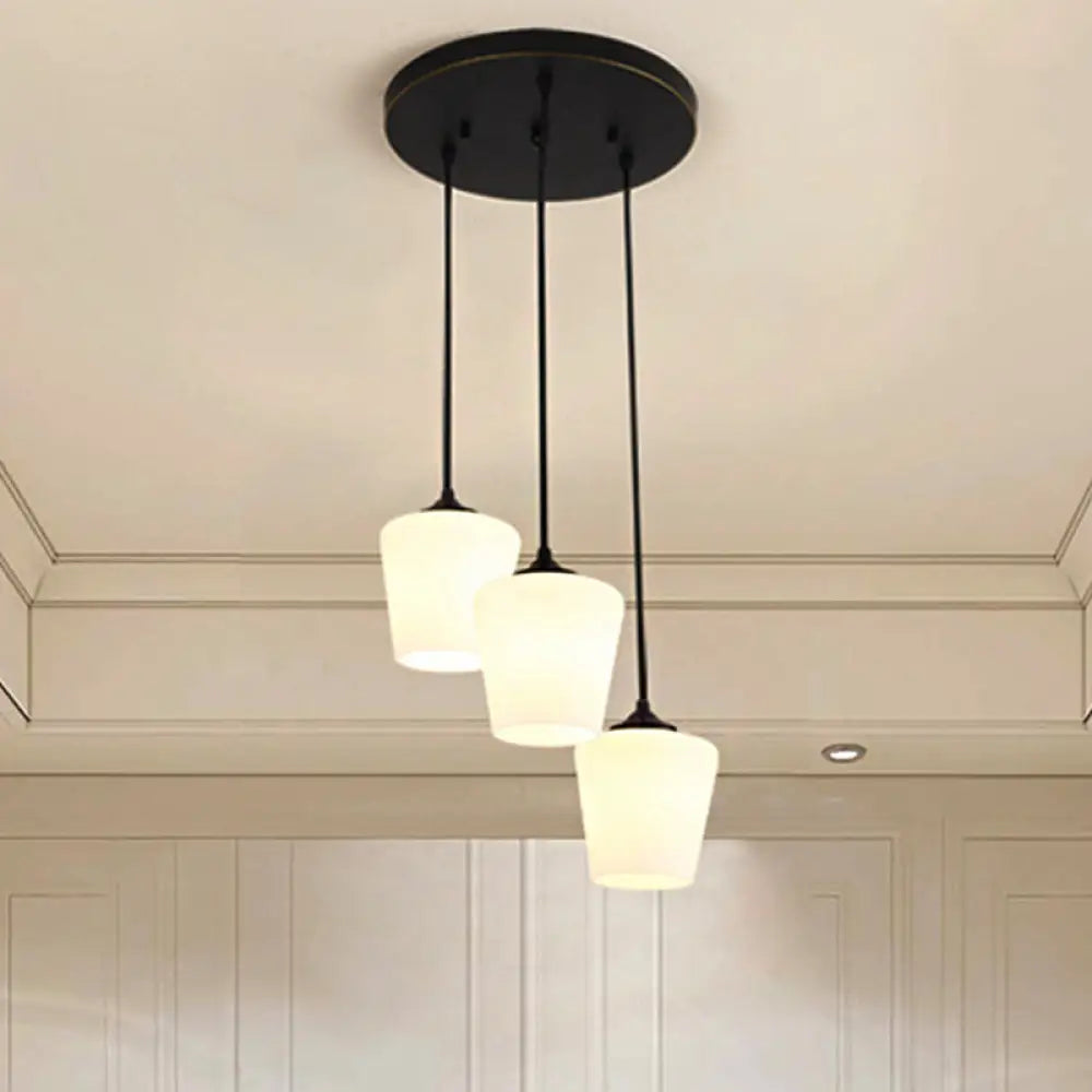 Traditional Urn Shape Pendant Light With 3 White Glass Lights - Black Finish