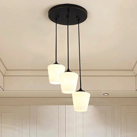 Traditional Urn Shape Pendant Light With 3 White Glass Lights - Black Finish