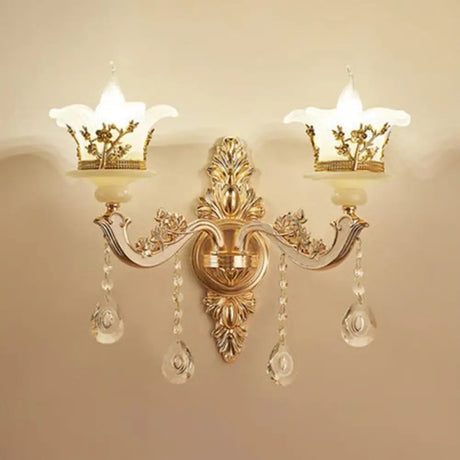 Traditional Wall Light Fixture With Imitation Jade Gold Design And Crystal Draping 2 / D