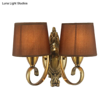 Traditional Wall Mount Lamp 1/2-Light Metal Sconce With Fabric Shade In Coffee For Living Room