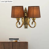 Traditional Wall Mount Lamp 1/2-Light Metal Sconce With Fabric Shade In Coffee For Living Room
