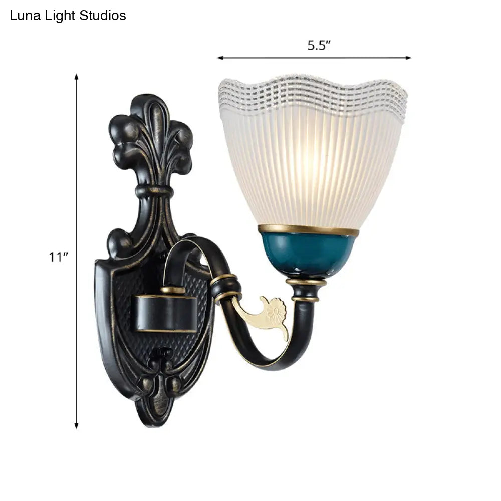 Traditional Wall Mount Sconce Lamp With Ribbed Glass And Curvy Arm Design