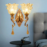 Traditional Wall Sconce Lamp Fixture: Gold 2-Light Clear Crystal Glass Flower Shade Lighting