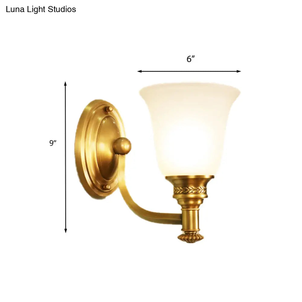 Traditional Wall Sconce With Brass Bell & White Glass Shade Mounted Curvy Metal Arm - Perfect For