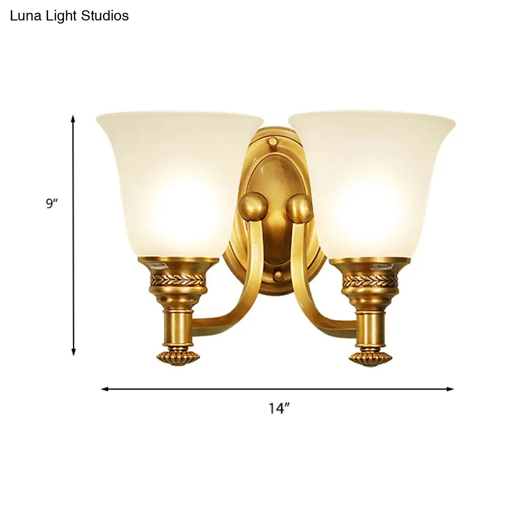 Traditional Wall Sconce With Brass Bell & White Glass Shade Mounted Curvy Metal Arm - Perfect For