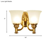 Traditional Wall Sconce With Brass Bell & White Glass Shade Mounted Curvy Metal Arm - Perfect For
