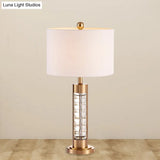 Traditional White Fabric Table Lamp With Gold Metal Base - Round Shade Nightstand Light