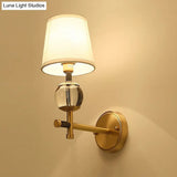 Traditional White Fabric Wall Sconce With Gold Conical Mount Crystal Ball Accent - 1/2 Heads Entry