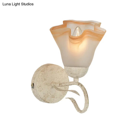 Traditional White Floral Wall Sconce Light With Frosted Glass Elegant 1-Head Lighting For Living