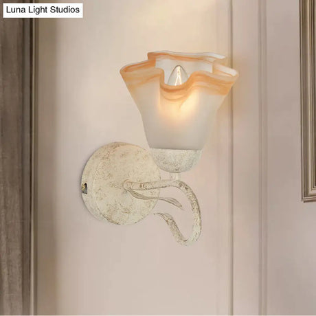 Traditional White Floral Wall Sconce Light With Frosted Glass Elegant 1-Head Lighting For Living
