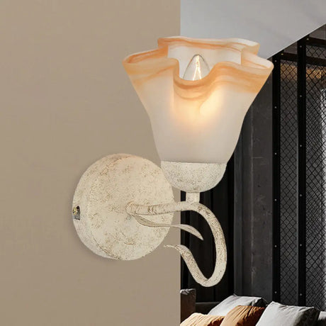 Traditional White Floral Wall Sconce Light With Frosted Glass Elegant 1-Head Lighting For Living