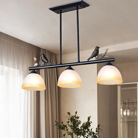 Traditional White Glass Barrel Pendant Light With Birds - 3-Light Black Dining Room Island Fixture