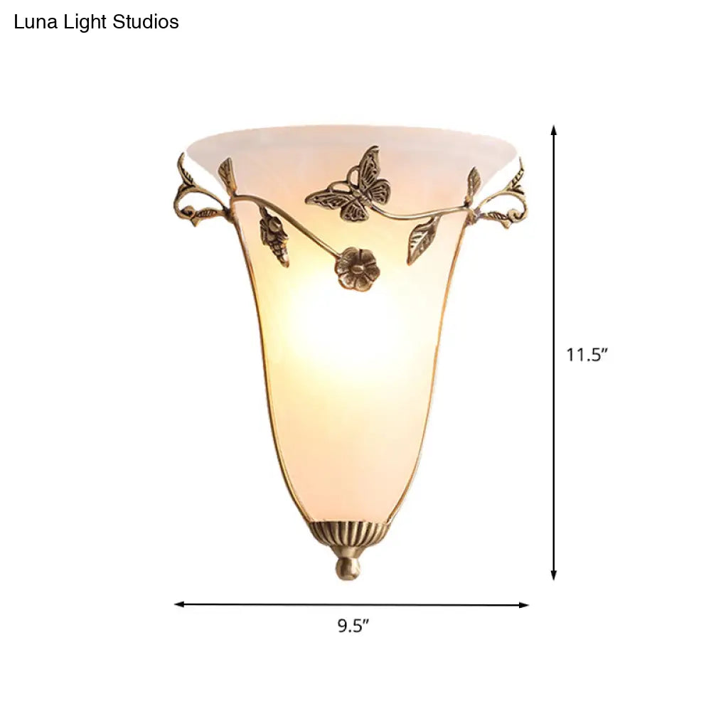 Traditional White Glass Bell Wall Lamp With Brass Sconce - Butterfly And Flower Design