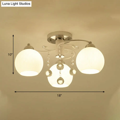 Traditional White Glass Ceiling Lamp With Crystal Draping - 3/5 Head Flush Mount