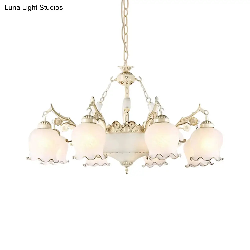 Traditional White Glass Chandelier - Flower Bud Design | Dining Room Drop Lamp 11 Lights