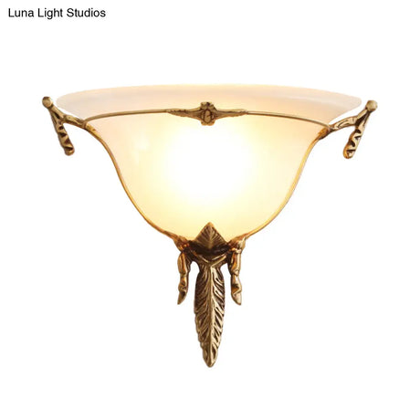 Traditional White Glass Cone Sconce Light - Brass Wall Lamp Fixture For Living Room