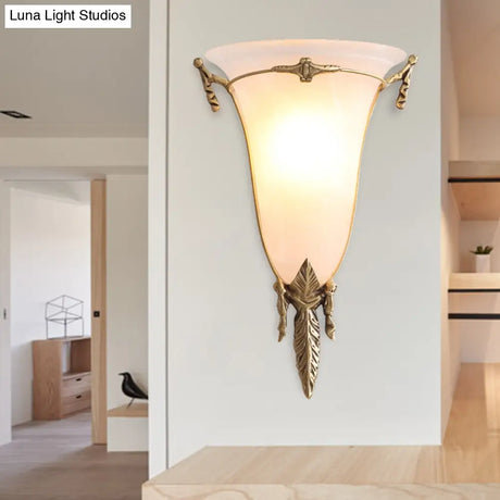 Traditional White Glass Cone Sconce Light - Brass Wall Lamp Fixture For Living Room
