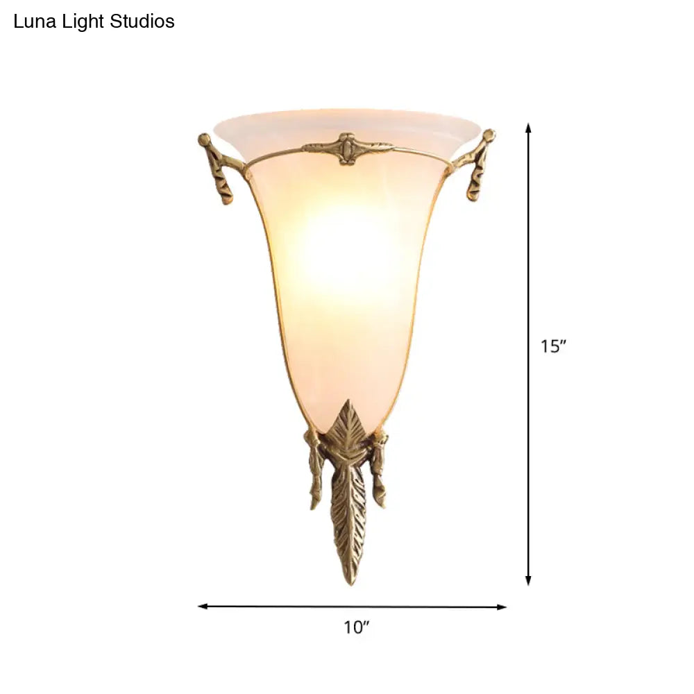 Traditional White Glass Cone Sconce Light - Brass Wall Lamp Fixture For Living Room