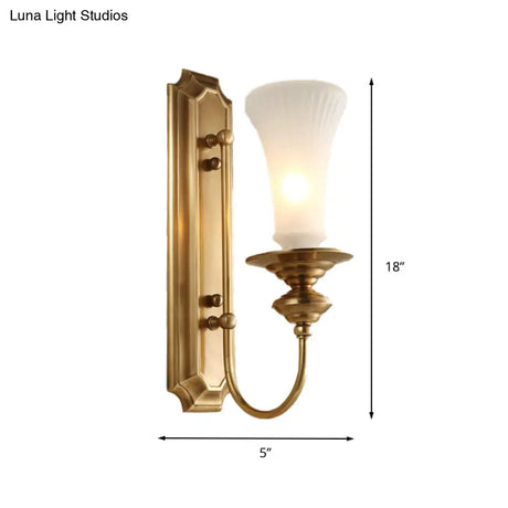 Traditional White Glass Flare Wall Lamp Brass Sconce Light Fixture For Bedroom