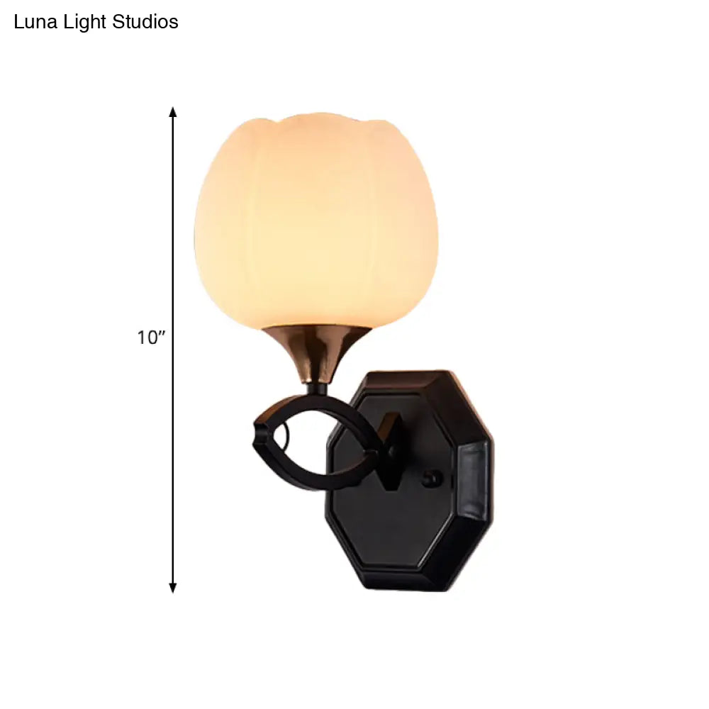 Traditional White Glass Indoor Wall Sconce Lighting With 1-Head And Black Finish - Bud Shape Lamp