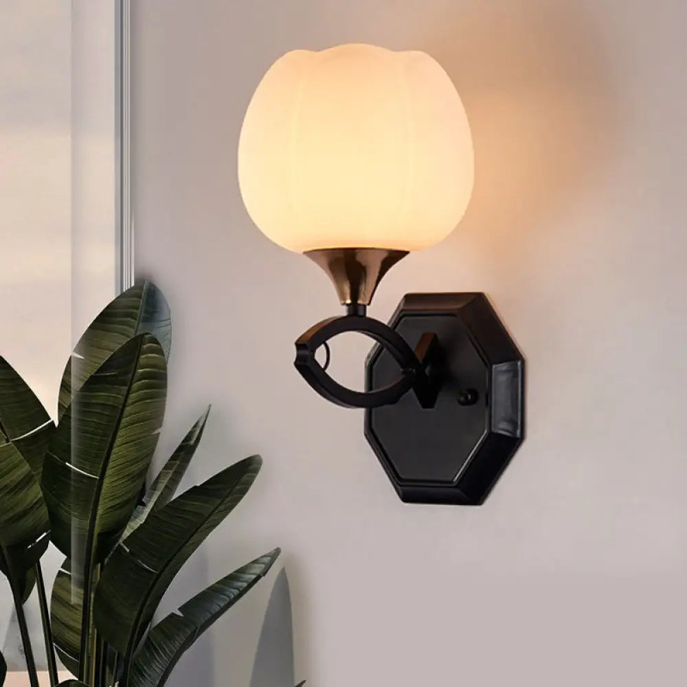 Traditional White Glass Indoor Wall Sconce Lighting With 1-Head And Black Finish - Bud Shape Lamp