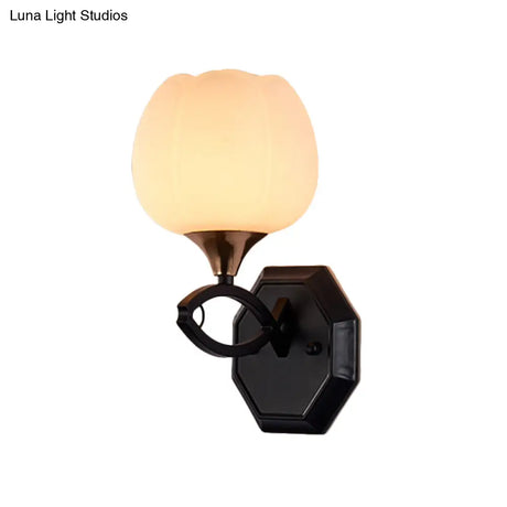 Traditional White Glass Indoor Wall Sconce Lighting With 1-Head And Black Finish - Bud Shape Lamp