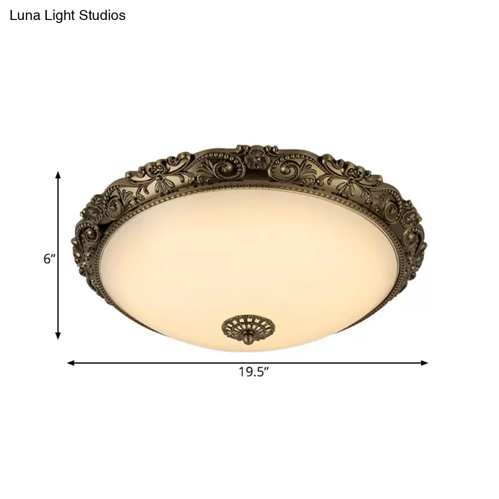 Traditional White Glass Led Bedroom Ceiling Lamp - Brass Domed Flush Mount Lighting (12’/16’/19.5’)