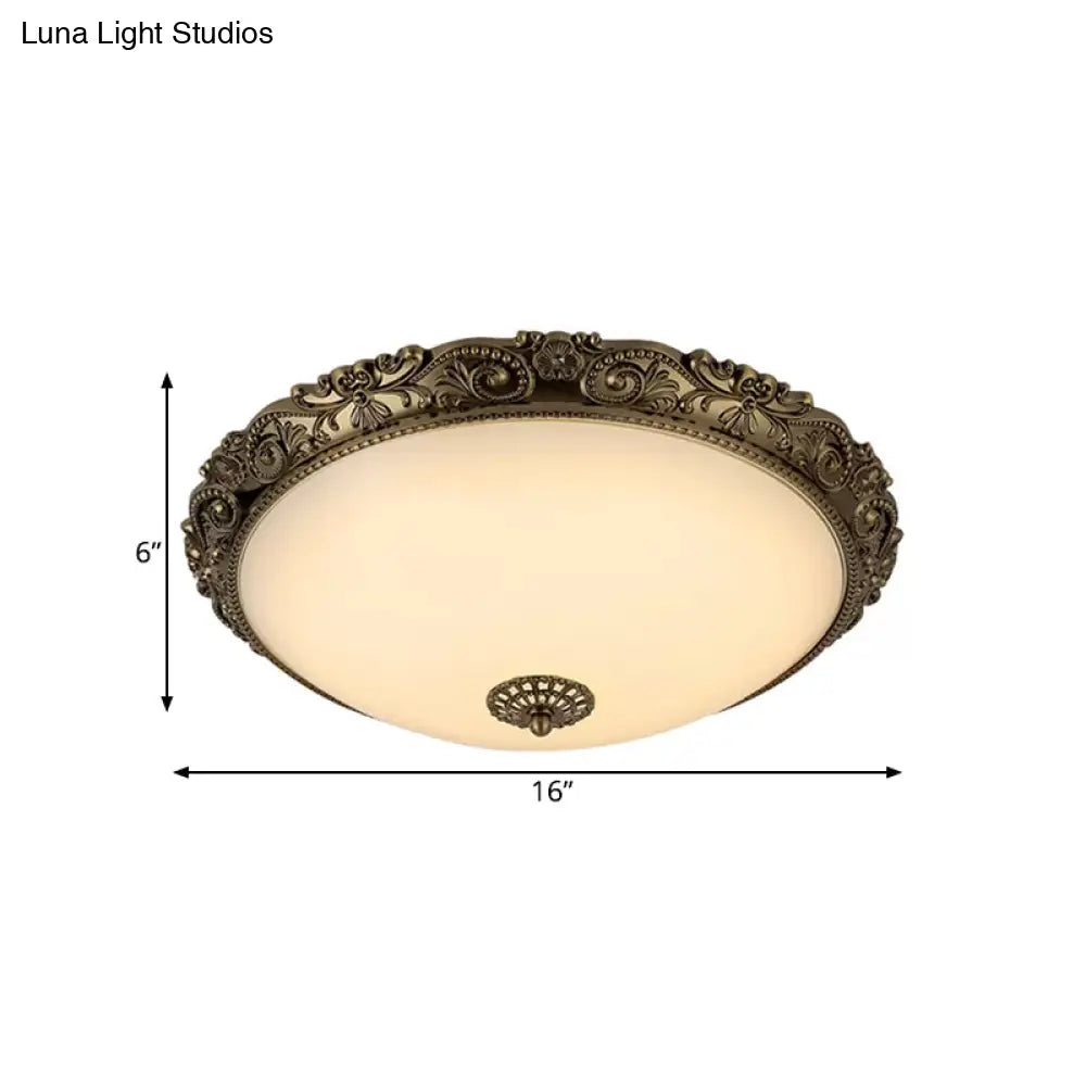 Traditional White Glass Led Bedroom Ceiling Lamp - Brass Domed Flush Mount Lighting (12’/16’/19.5’)