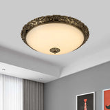 Traditional White Glass Led Bedroom Ceiling Lamp - Brass Domed Flush Mount Lighting
