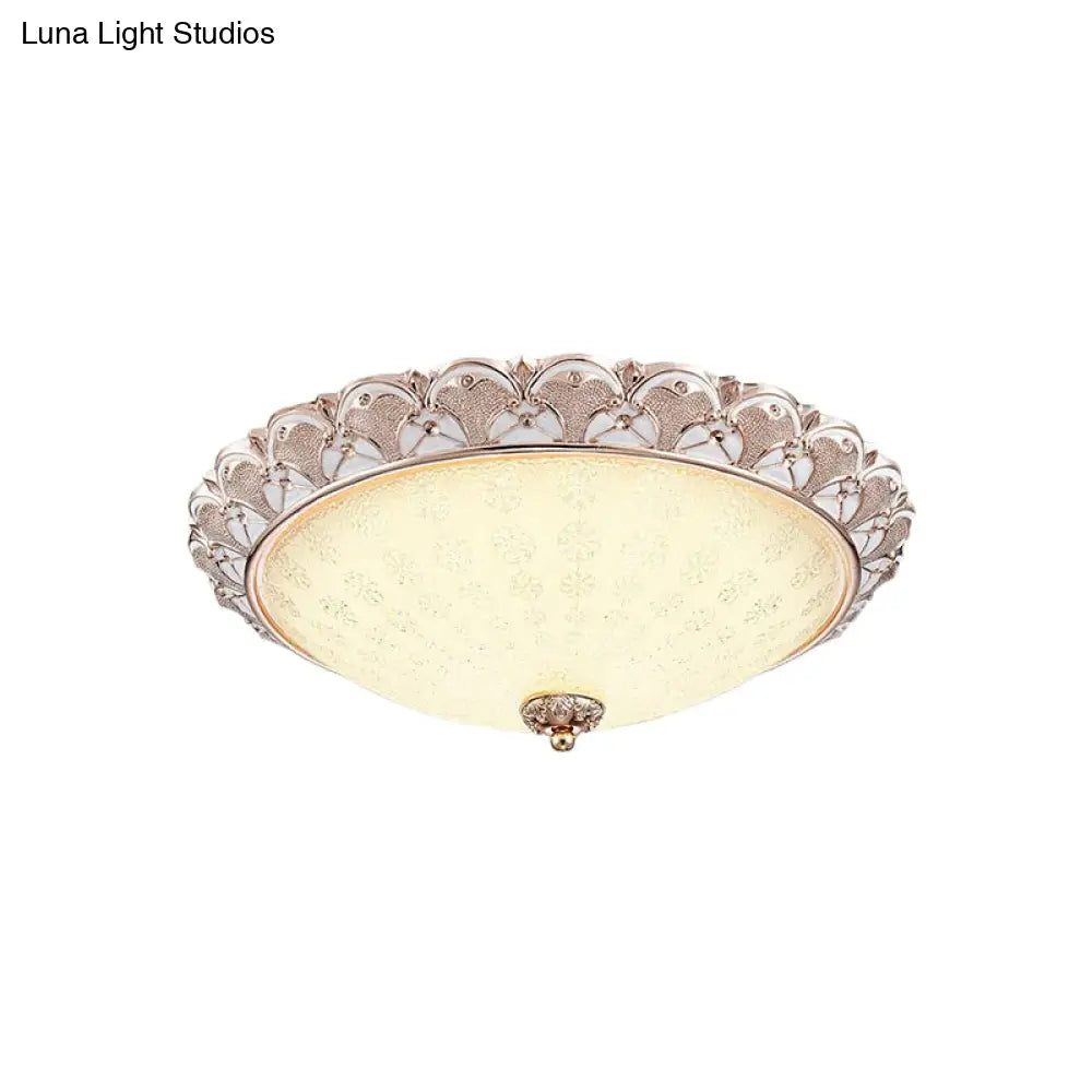 Traditional White Glass Led Flush Mount With Carved Trim – Bowl - Shaped Bedroom Beige Flushmount
