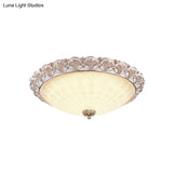 Traditional White Glass Led Flush Mount With Carved Trim – Bowl - Shaped Bedroom Beige Flushmount