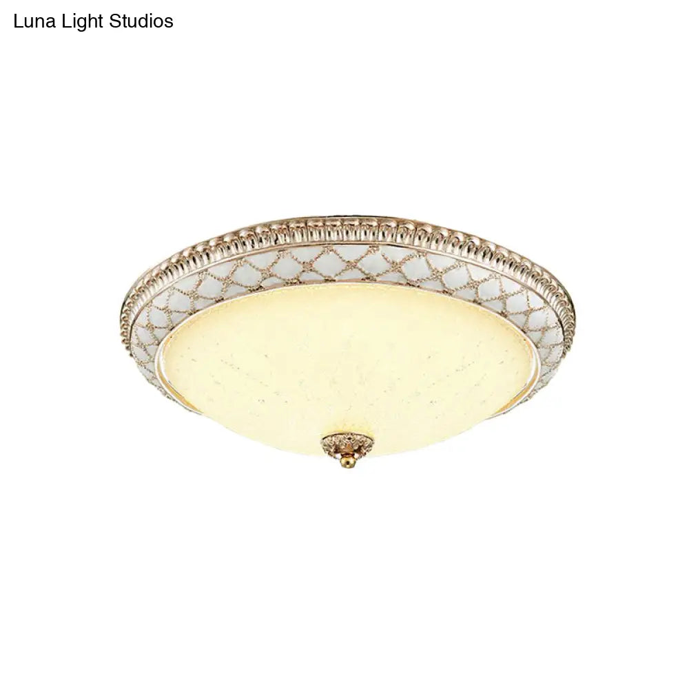 Traditional White Glass Led Flush Mount With Carved Trim – Bowl - Shaped Bedroom Beige Flushmount