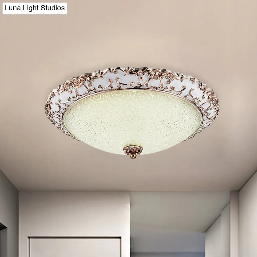 Traditional White Glass Led Flush Mount With Carved Trim – Bowl - Shaped Bedroom Beige Flushmount