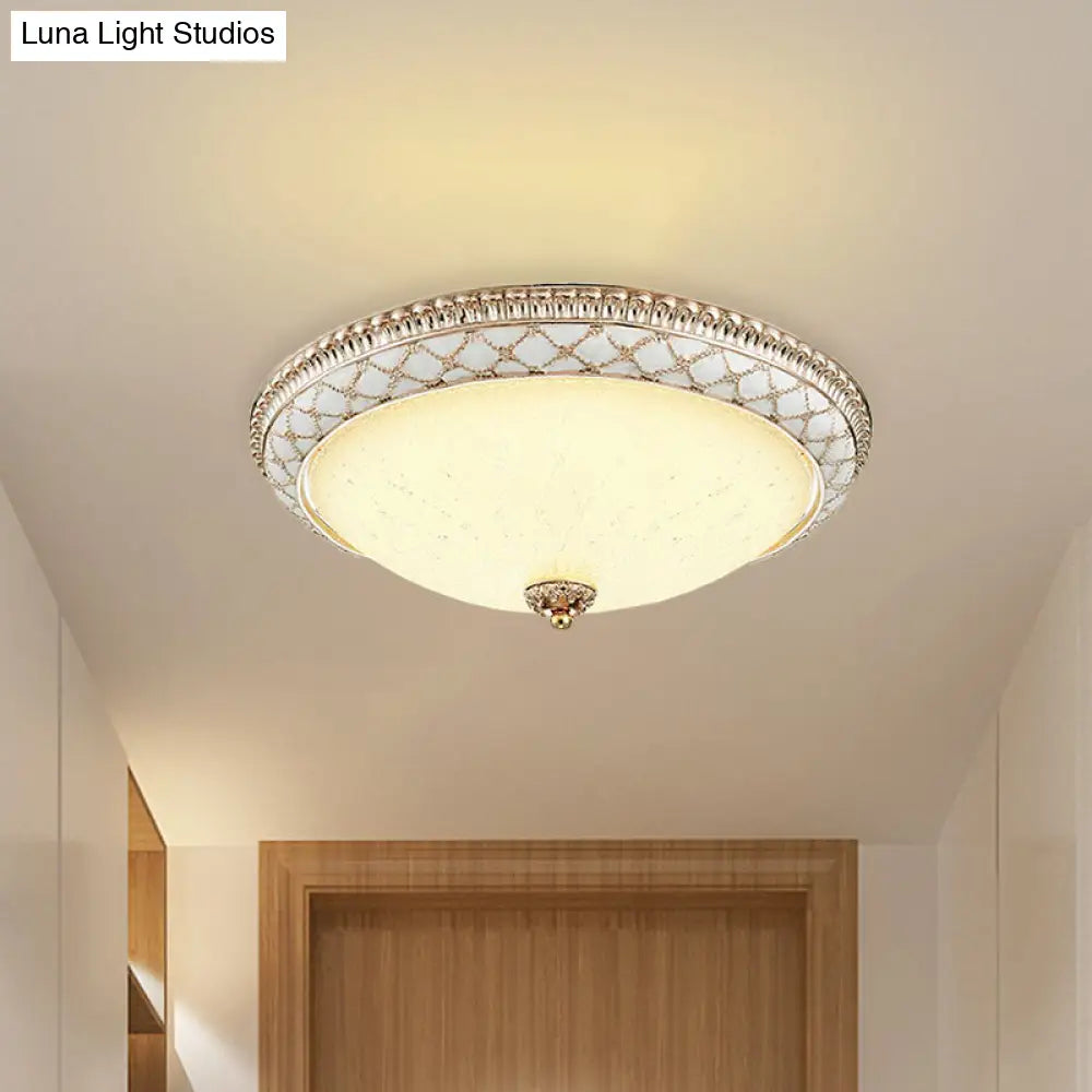 Traditional White Glass Led Flush Mount With Carved Trim – Bowl - Shaped Bedroom Beige Flushmount