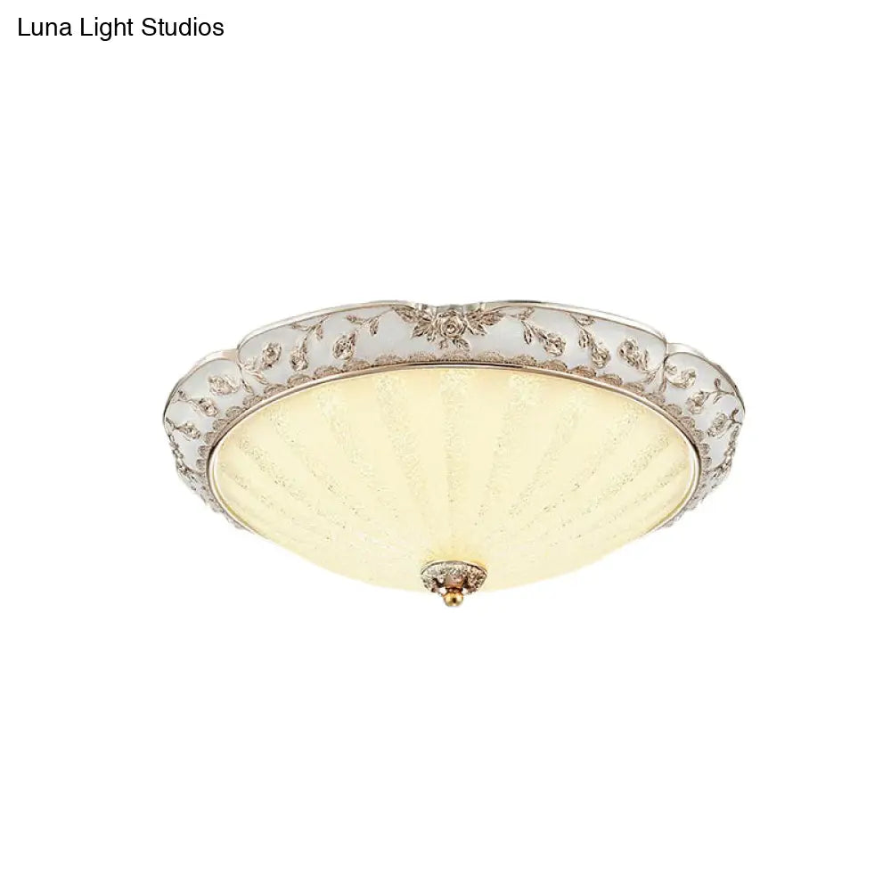 Traditional White Glass Led Flush Mount With Carved Trim – Bowl - Shaped Bedroom Beige Flushmount