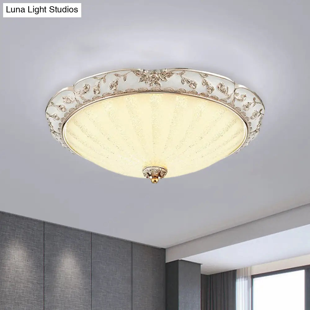 Traditional White Glass Led Flush Mount With Carved Trim – Bowl - Shaped Bedroom Beige Flushmount