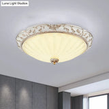 Traditional White Glass Led Flush Mount With Carved Trim – Bowl - Shaped Bedroom Beige Flushmount