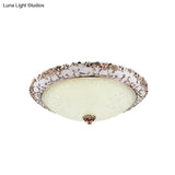 Traditional White Glass Led Flush Mount With Carved Trim – Bowl - Shaped Bedroom Beige Flushmount