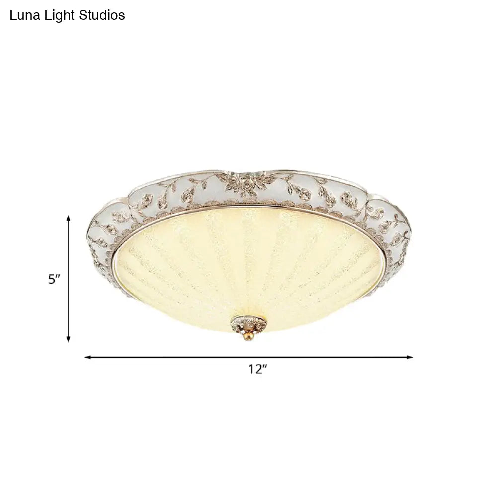 Traditional White Glass Led Flush Mount With Carved Trim – Bowl - Shaped Bedroom Beige Flushmount