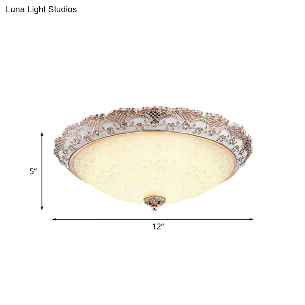 Traditional White Glass Led Flush Mount With Carved Trim – Bowl - Shaped Bedroom Beige Flushmount