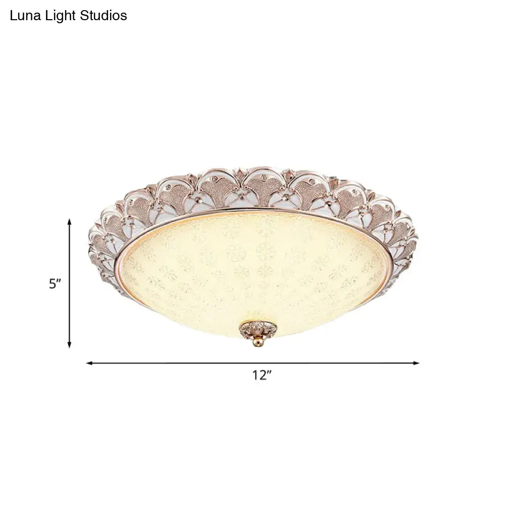 Traditional White Glass Led Flush Mount With Carved Trim – Bowl - Shaped Bedroom Beige Flushmount
